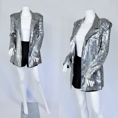 1980's Silver Sequin Mirrored Disco Suit Coat I Blazer I Jacket I Sz Med I Festival I Playa I Burner I Cabaret 