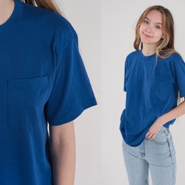 Blue Pocket Tee 90s T-Shirt Retro Plain TShirt Solid Color T Shirt Minimalist Top Basic Shirt Streetwear Vintage 1990s Jerzees Medium Large 