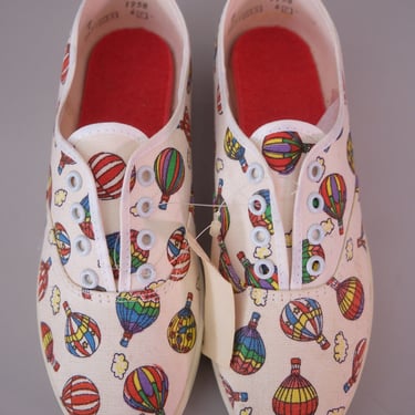 1950s Canvas Sneakers, Hot Air Balloon Novelty Print, US 7, Unworn 