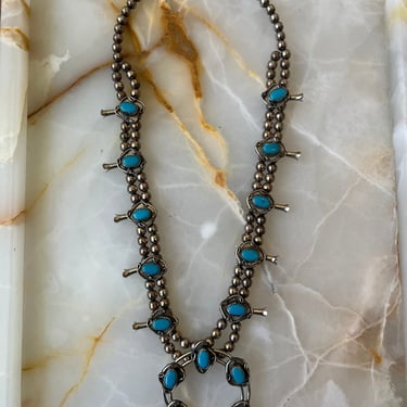 RARE vintage turquoise and sterling silver Native American squash blossom necklace 