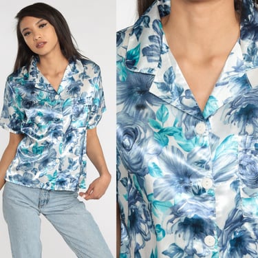 Floral Blouse Y2K Button Up Shirt Shiny Flower Print Short Sleeve Top Boho Blue White Collared Silky Vintage Bohemian Vintage 00s Medium M 