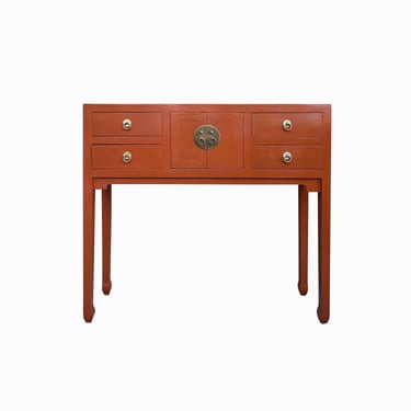 Chinese Brick Red Lacquer 4 Drawers Slim Narrow Foyer Side Table cs7699E 