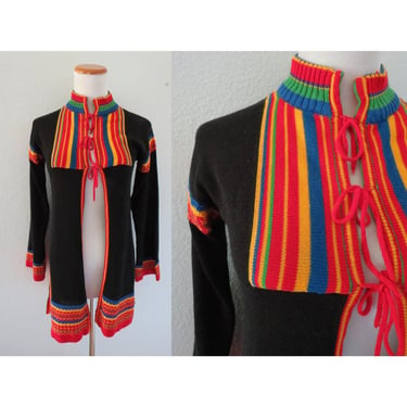 Vintage 70s Cardigan Sweater - Boho Hippie Knit Tunic - Multicolored Bohemian Acrylic - Size Small / Medium 