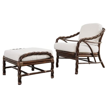 McGuire Organic Modern Twisted Rattan Lounge Chair and Ottoman