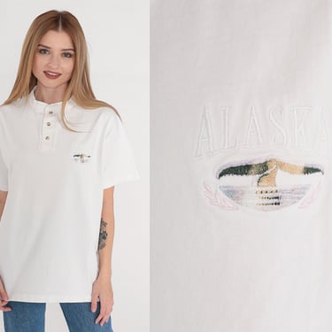 Alaska T-Shirt 90s Henley T Shirt Embroidered Whale Tail Graphic Tee Button up AK Tourist Travel TShirt Retro White Vintage 1990s Large L 
