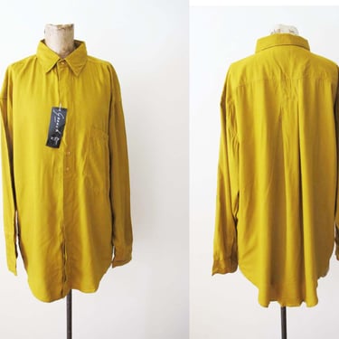 Vintage 90s Mustard Yellow Baggy Long Sleeve Button Up M L - Deadstock Solid Color Rayon Collared Oversized Top 