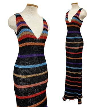 Vtg 60s 70s Metallic Knit Slinky Sheer Knit Mesh Primo Portofino Luxe Maxi Dress 