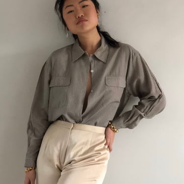 90s pinstripe pocket blouse / vintage silky pinstriped striped beige rayon pocket button down blouse | Large 