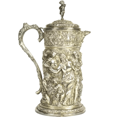 Tankard Pitcher, Silver-plated, Design in Relief of a Wine-making Scene, Raised