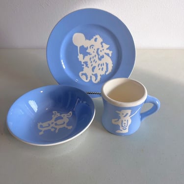 Vintage Harker Potteries Cameoware Childrens Set Mug Bowl Plate 