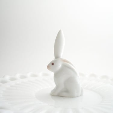 Miniature Herend porcelain rabbit figurine, White Easter bunny, Hungarian porcelain, Spring shelf decor, Woodland animal collectible 