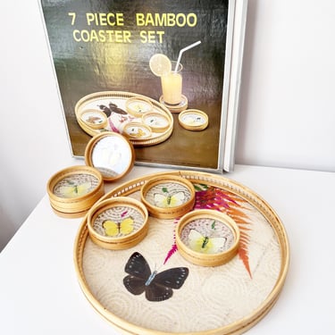 Vintage Bamboo Coaster Set - Pressed Butterflies with Lace Tray and 6 Coasters - Bar barware hostess set 