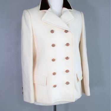 She Comes from Money -  Circa 1950-60's - Ivory Wool Jacket - Heavy - Jeweled buttons - Velvet Collar 