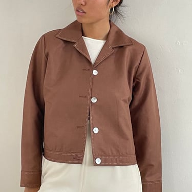 90s linen cropped jacket / vintage cocoa brown woven linen cropped bomber jacket over shirt | Large 