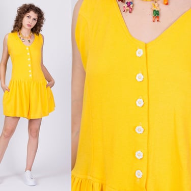 80s Yellow Daisy Button Romper, Deadstock With Tags - Large | Vintage Slouchy Loungewear Outfit 