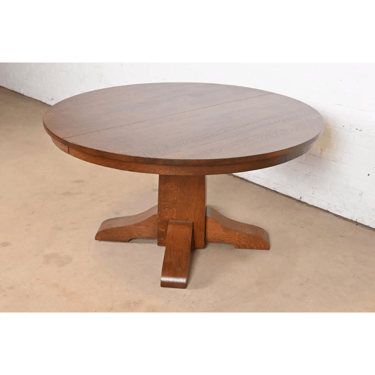 Gustav Stickley Antique Mission Oak Arts & Crafts Pedestal Extension Dining Table, Newly Refinished