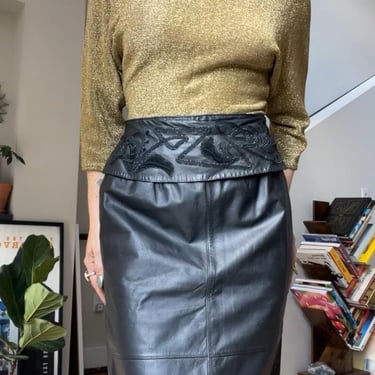 VTG 80s Black Leather Pencil Skirt with Peplum Skirt 