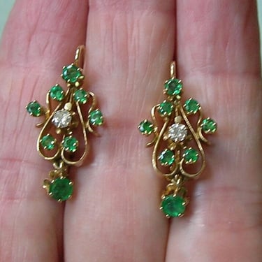 Vintage 14K Gold Emerald and Diamond Pierced Earrings, Old KGJ 14K Gold and Emerald Earrings, Vintage Gold Pierced Earrings by KGJ (#4337) 