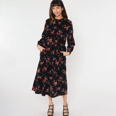 90s Floral Corduroy Dress Black Button Up Boho Midi 1990s High Waist Shirtdress Bohemian Long Sleeve Pockets Cotton Medium 8 