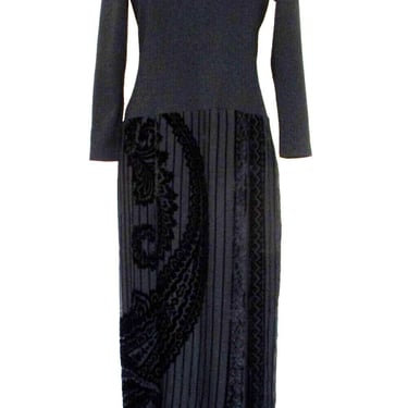 Louis Feraud, Vintage Maxi Dress, 10 US Women, Black Wool Knit Top, Silk Blend Skirt 