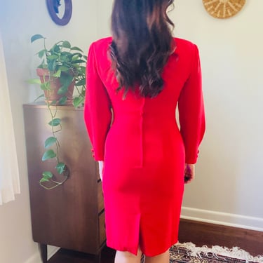 1990s Vintage Casual Corner Long Sleeve Body Con Cherry Red Dress 