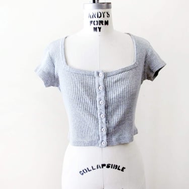 Vintage 90s Gray Ribbed Crop Top M - 1990s Balletcore Dance Warm Up Square Scoop Neck Button Front Top 