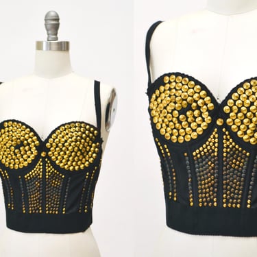 80s 90s Vintage Gold Studded Black Bustier Top Small 80s 90s Gold metallic Studded Corset Bustier Burlesque Showgirl Rockstar Small Medium 