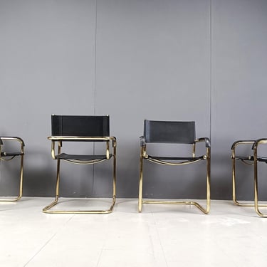 Set of 4 black leather and brass cantilever dining chairs - 1970s - cantilever dining chairs - vintage chairs - brass chairs - bauhaus chair 