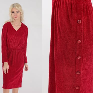 Red Terrycloth Dress 70s Midi Dress Long Sleeve Button Side V Neck High Waisted Day Retro Terry Cloth Knee Length Vintage 1970s Small Medium 