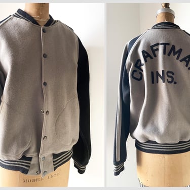 Vintage 1960’s wool bomber jacket, baseball jacket, striped rib knit trim | letterman jacket, gender neutral M 