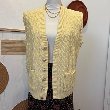 Vintage 1970s USA Made Yellow Cream Chunky Knit Button Front Sweater Vest - L 