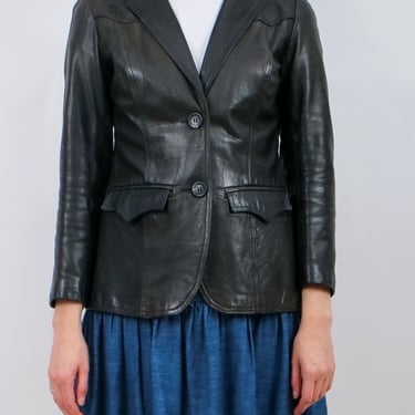 1970s Miss Pioneer Black Leather Button Up Jacket