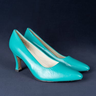 Vintage Early 90s Spiegel Classic Turquoise Leather Heels Size 9M 