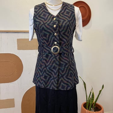 Vintage 70s Mod Blue Rainbow Woven Button Waist Tie Sleeveless Top Vest - M 