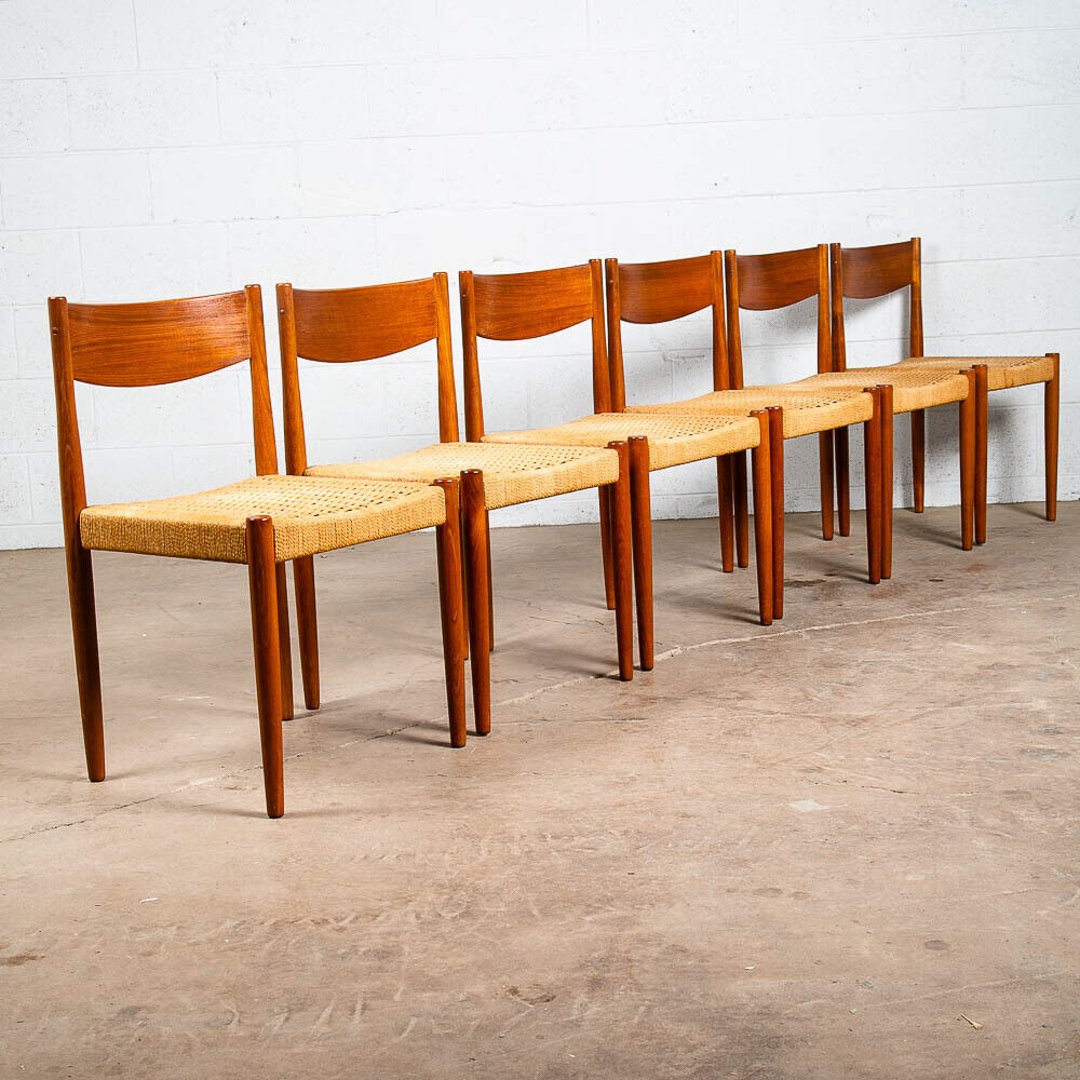 Mid Century Danish Modern Dining Chairs 6 Frem Rojle Teak Papercord
