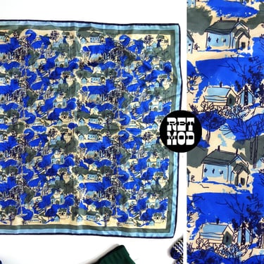 Fantastic Vintage 60s 70s Blue Houses Landscape Novelty Square Scarf by Vera 