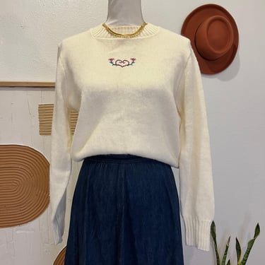 Vintage Garland Cream USA Made Floral Heart Knit Crewneck Pullover Sweater 