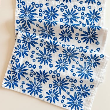 hand block printed table runner. delft floral on white. boho decor. linen tablecloth. birthday or dinner party decor. dutch blue flowers. 