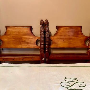 Pair of Carved Pineapple & Bell Beds in Maple, Original Posts ~ Circa 1830, Resized to Standard Twin with Roll-Back Headboards