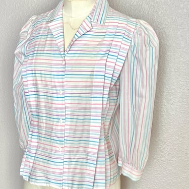 Pleat Front Blouse, Pastel Stripes, Button Down Top, Puff Sleeves, Vintage 70s 80s 