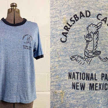 Vintage Souvenir Tshirt Blue White Carlsbad Caverns Ringer Tee T-Shirt Shirt Short Sleeve National Park New Mexico Single Stitch 1970s Large 