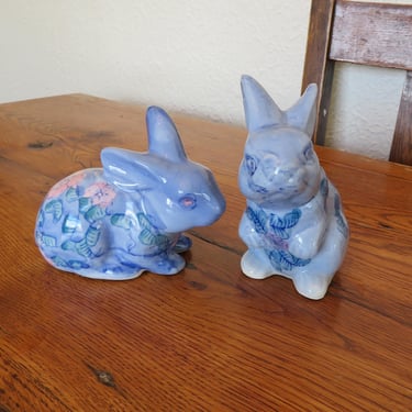 Vintage Porcelain Rabbit Figurines Pair Chinoiserie Floral Blue 