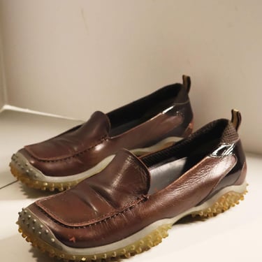 Archival MIU MIU F/W 1999 Brown Bubble Sole Loafers with Embossed Logo sz 37.5 7 7.5 Leather Patent Chocolate 