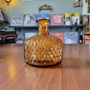 Amber glass vase, faceted mid century MCM decorative bottle, decanter, or genie bottle, diamond point Empoli style 