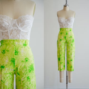 high waisted pants 90s y2k vintage neon lime green floral capris cropped pants 