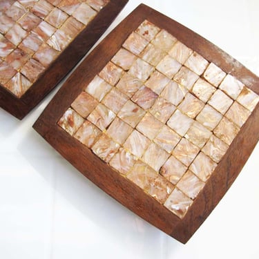 Mid Century Teak and Tile Mosaic Set of 2 Wooden Trivets - Vintage 60s Brown Pearlescent Pink Square Coasters Pot Holders - Housewarming 