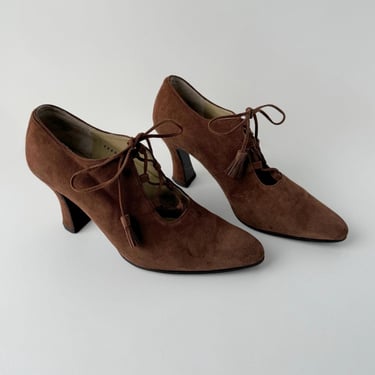 Vintage Brown Suede Pointed Toe Lace Up Heels 23.5 /US 6.5 