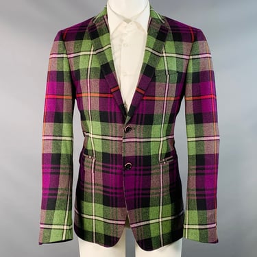 ETRO Size 40 Black Multi Color Plaid Wool Notch Lapel Sport Coat