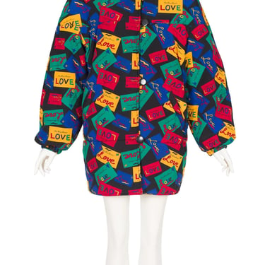 Yves Saint Laurent 1990s Vintage Love Cards Print Black Reversible Puffer Coat 