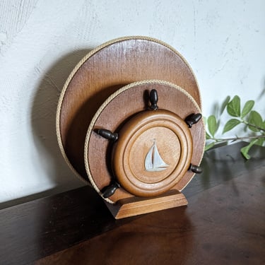 Vintage Wooden Ship's Wheel Nautical Sailboat Mail Letter or Napkin Holder 